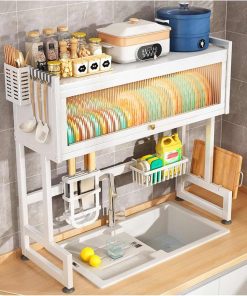 Égouttoir pour ustensiles de cuisine et vaisselle pour évier à 2 niveaux en Fer